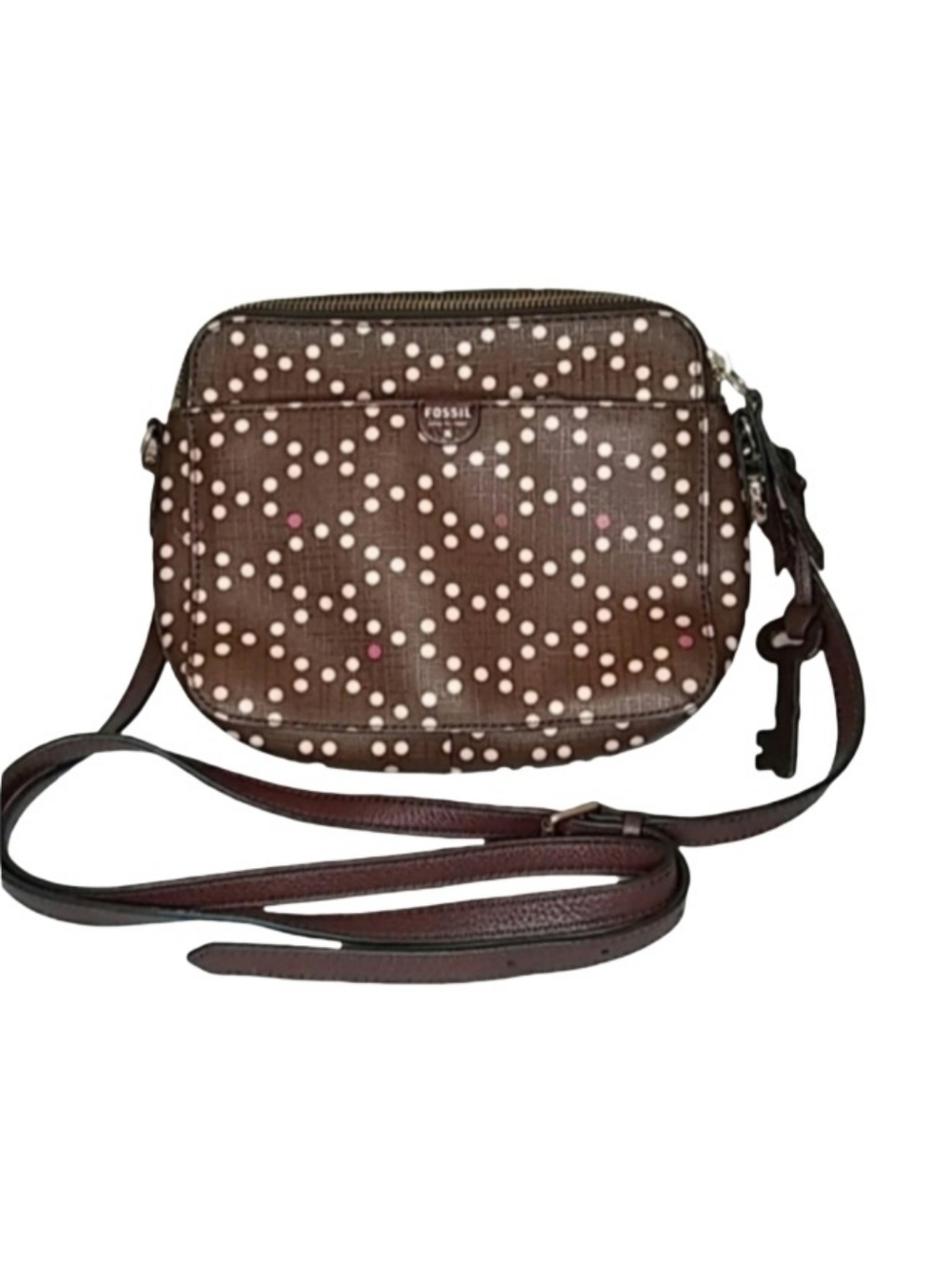 Fossil Crossbody Bag | EUC | Leather Trim | Brown, Polka Dots | Key Charm